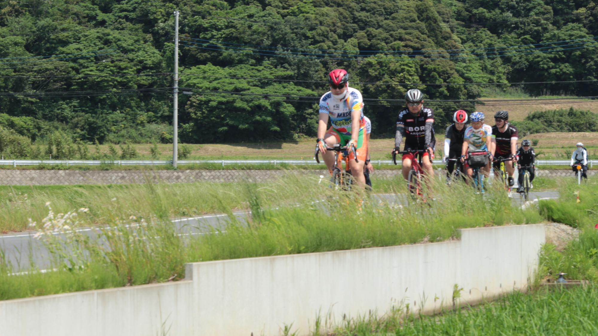 大人が自転車に乗って堤防をサイクリングして楽しむ人たちの写真