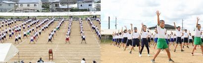 左：運動場に整列して並んでいる生徒たちを引きで写した写真、右：右手を高くあげてよさこいソーランを踊っている生徒たちの写真