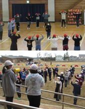 上：体育館で子ども達が大きな輪になり、両手を頭の上に挙げてレクリエーションをしている様子の写真、下：運動場に子ども達が整列しており、前に立っている2名の児童が整列した子ども達に呼び掛けているレクリエーションの様子の写真